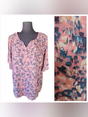 Denim & Co Floral Print V-Neck Short Sleeve Top - Peach Orange D&Co.